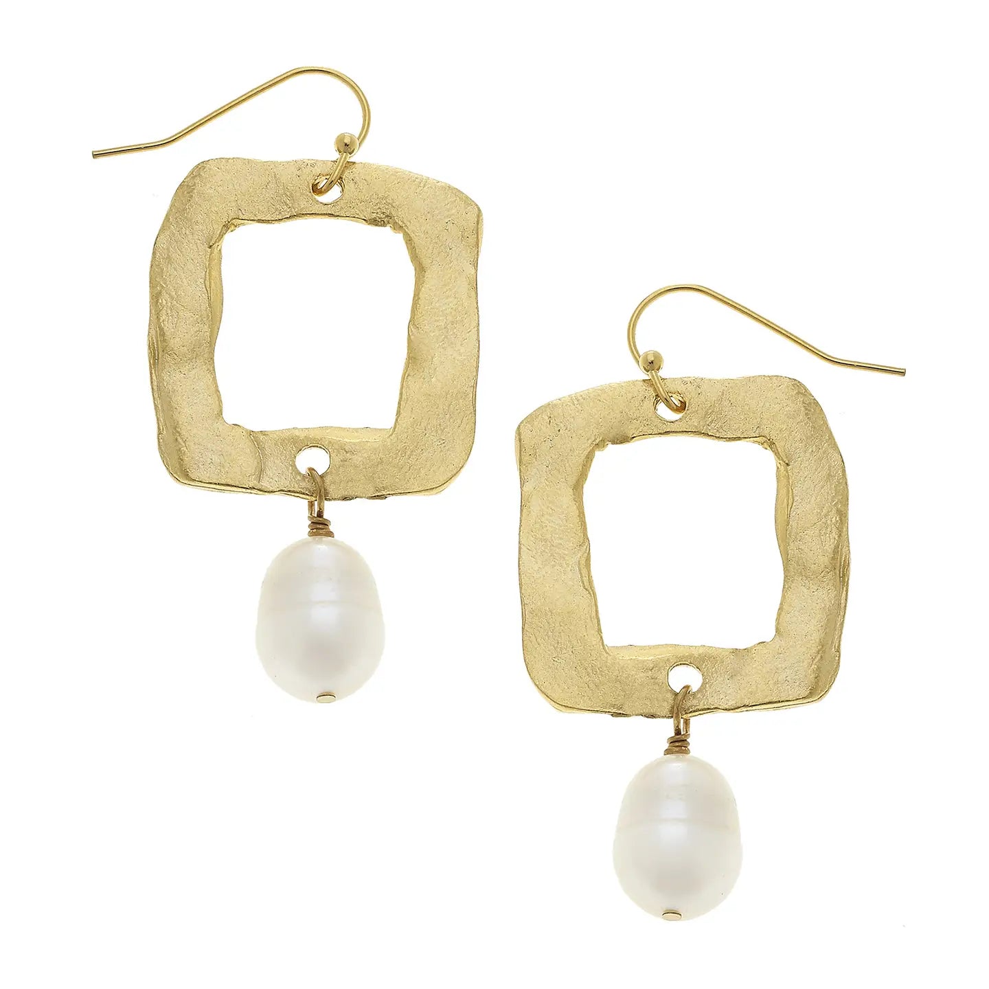 Gold Open Square Freshwater Pearl Earring