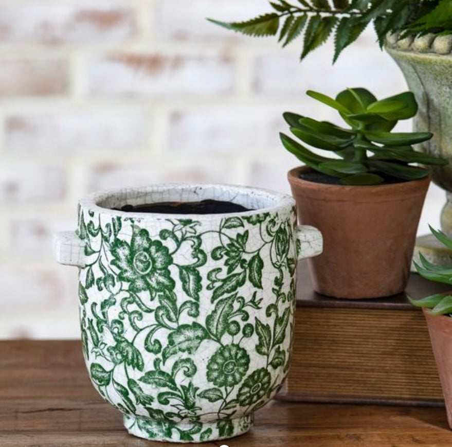 Green Floral Handle Pot