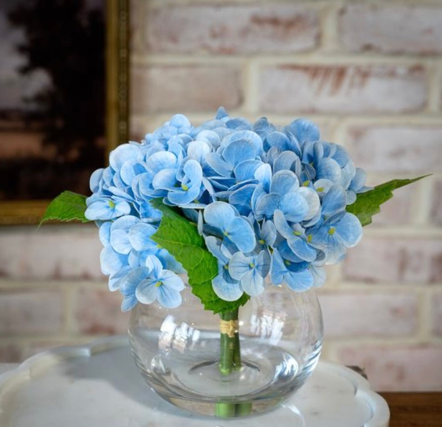 Blue Hydrangea In Glass Vase